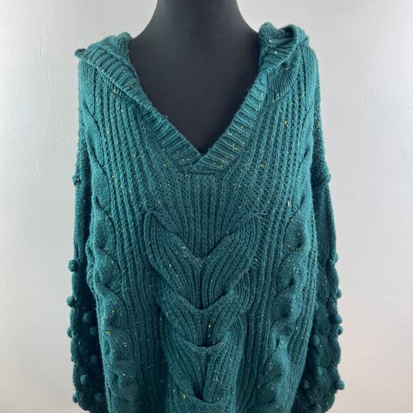 WILDFOX Pattie Green Sweater Chunky Knit V-Neck Hood Raglan Sleeve Size Large L - Picture 3 of 10